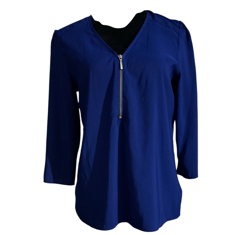 Express Royal Blue Women's Blouse with V Neck and Zipper- Size S